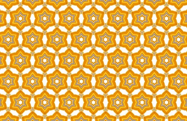 Ilık sarı ve turuncu renkli altı köşeli yıldızların tekrarlayan kaleydoskopik desenli canlı geometrik tasarımı kusursuz soyut dokular için