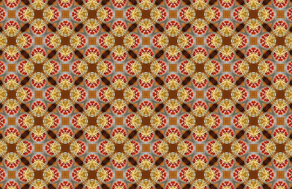 Karmaşık simetrik dairesel motifleri olan zarif, pürüzsüz bir desen. Sıcak altın, turuncu ve kahverengi renkler sofistike bir dekoratif zemin oluşturur.