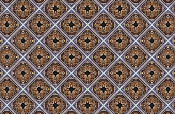 Sıcak toprak tonlarında simetrik tesselleştirilmiş kareler ve elmaslar içeren karmaşık bir geometrik desen karmaşık bir soyut arkaplan oluşturur.