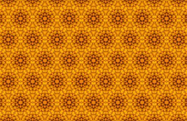 Altın Geometrik Desen. Sıcak renklere sahip, çiçeğe benzer karmaşık şekillerin yinelenen bir tasarımı. Arka plan, tekstil ya da dekoratif uygulamalar için mükemmel.