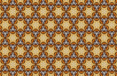 Altıgen ile kusursuz geometrik desen ve sıcak kahverengi ve turuncu tonlarda yıldız şekilleri karmaşık simetrik soyut süs tasarımı oluşturur..