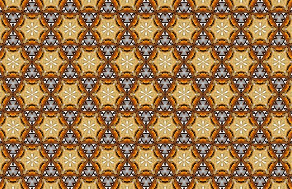 Seamless geometric pattern with hexagonal and star shapes in warm brown and orange tones creating an intricate symmetrical abstract ornamental design.