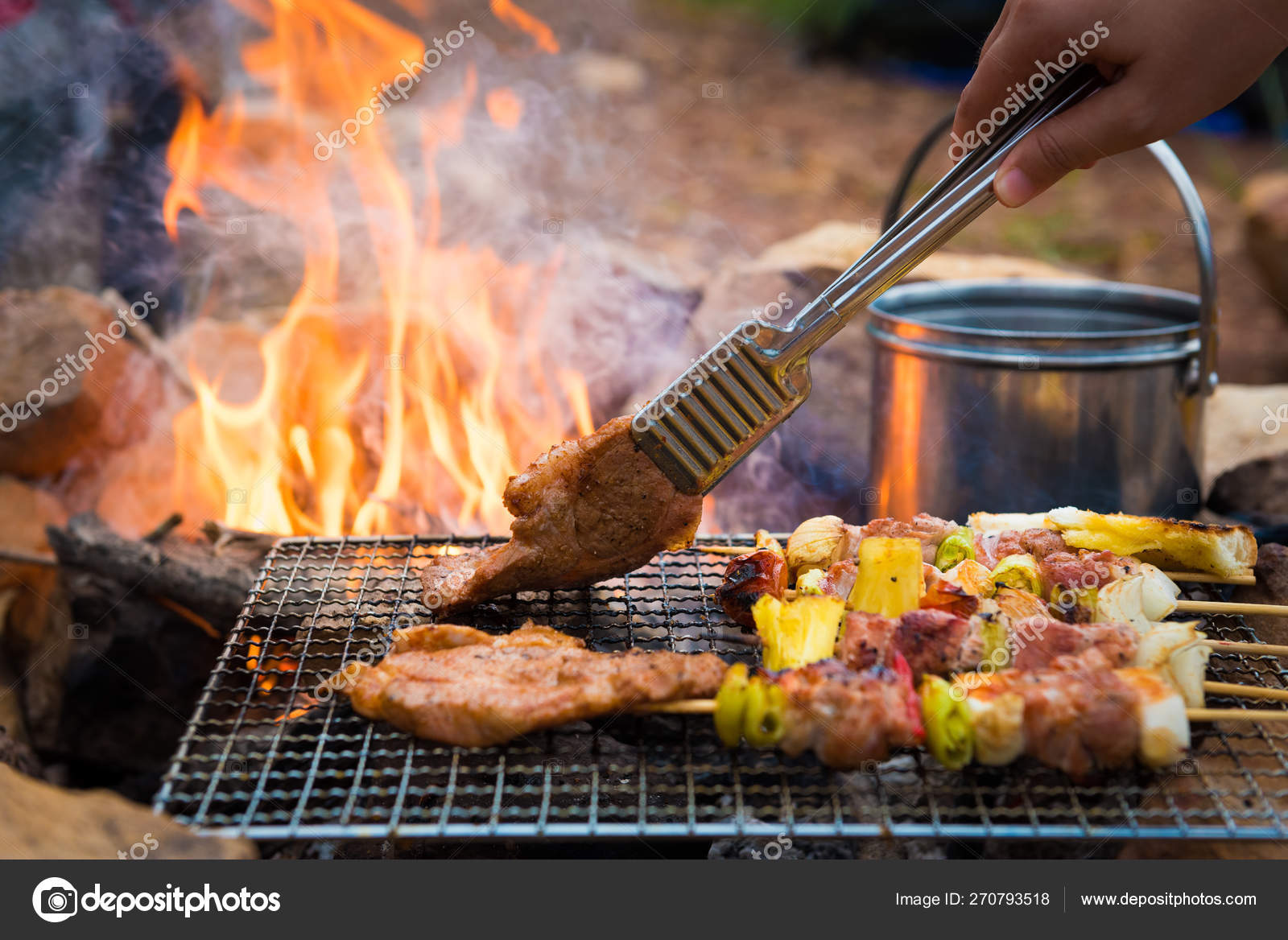 Close Grilling Barbecue Campground Summer Camp Travel Skewers Pork Beef