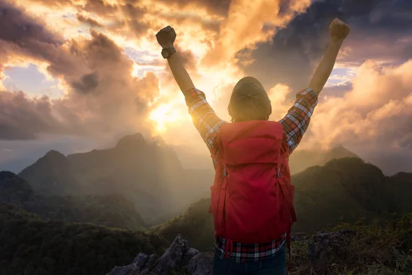 Winner Hiking Hiking Looked Raised Hand Rejoices Sunrise Mountain Valley — Stock Photo, Image
