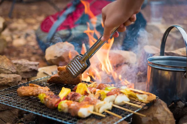 Close Grilling Barbecue Campground Summer Camp Travel Skewers Pork Beef — Stock Photo, Image