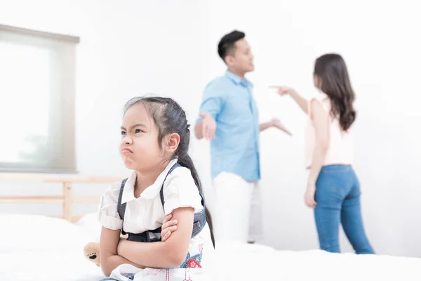 Attractive Little Girl Looking Unhappy While Sitting Bed Home Angry — Stock Photo, Image