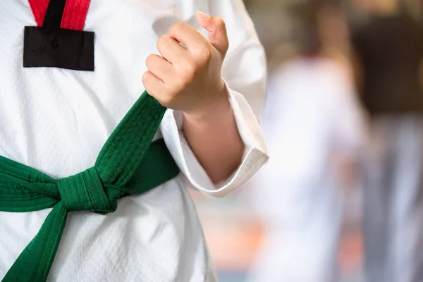 Aikido green belt. TTaekwondo kids athletes. Moment of athlete to warm up and strike an opponent during the tournament taekwondo kids