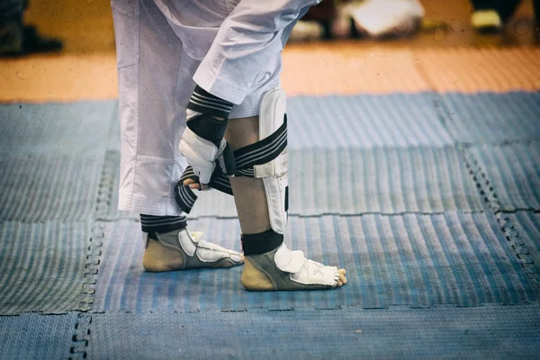 Taekwondo Atleta Slip Shin Instep Guardias Los Estadios Momento Atleta — Foto de Stock
