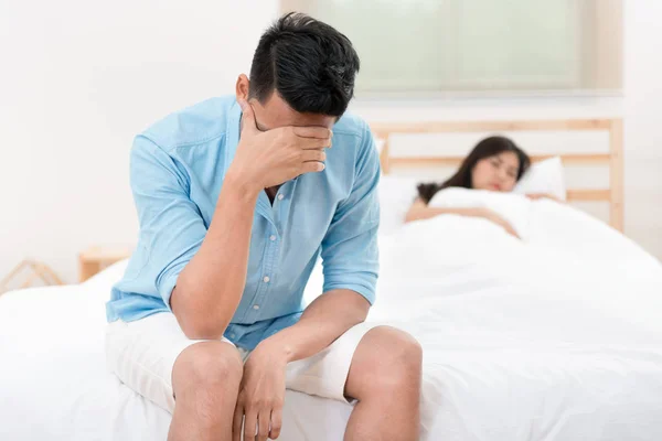 Husband Unhappy Disappointed Erectile Dysfunction Sex While His Wife Sleeping — Stock Photo, Image