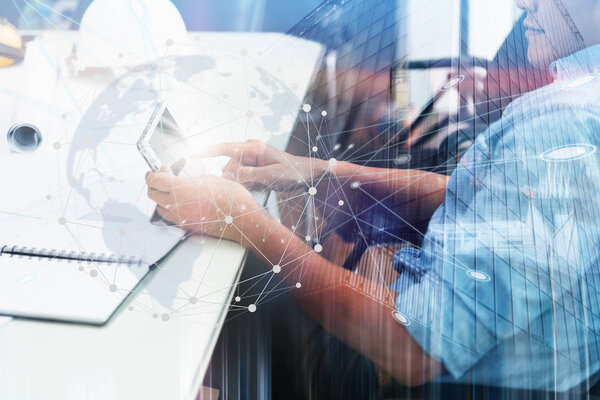 Engineer using internet technology and network for the research in the job. Work development with technology in future of Engineering and Architecture designer.