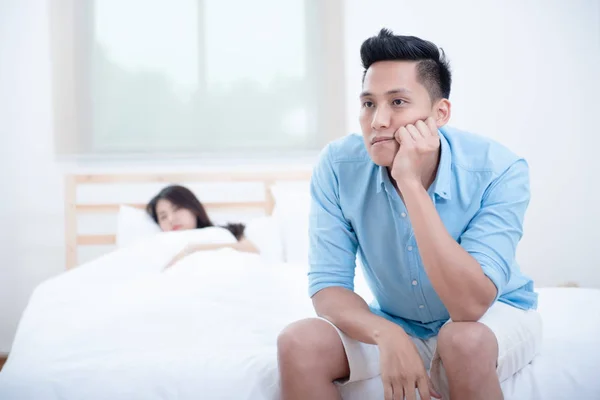 Husband Unhappy Disappointed Erectile Dysfunction Sex While His Wife Sleeping — Stock Photo, Image