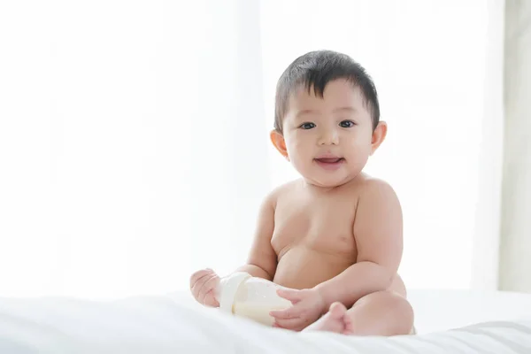 Asian Cute Baby Boy Smile Playing Milk Power Bottle Bedroom — Stock Photo, Image