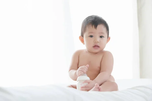 Asian Cute Baby Boy Smile Playing Milk Power Bottle Bedroom — Stock Photo, Image