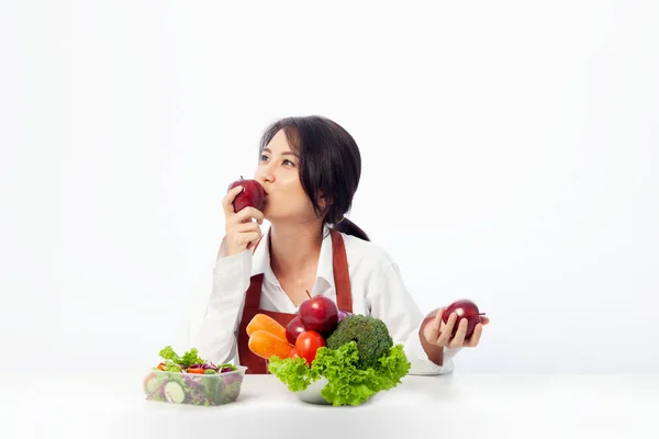 Asian Young Woman Happy Holding Kissing Fresh Fruit Apple Vegetables — Stock Photo, Image
