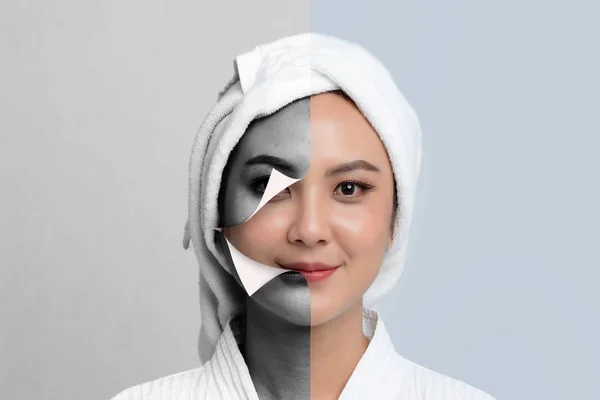 Comparison Portrait Beautiful Asian Woman Dark Spots New Skin Skin — Stock Photo, Image