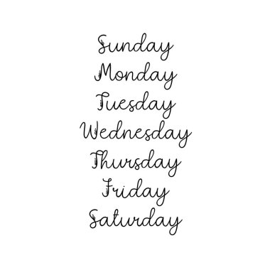 El yazısıyla aldığınız gün haftanın. Pazar, Pazartesi, Salı, Çarşamba, Perşembe, Cuma, Cumartesi. Modern hat.