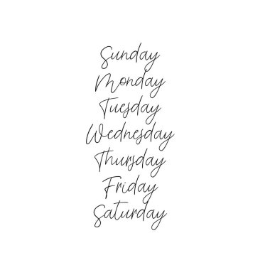 El yazısıyla aldığınız gün haftanın. Pazar, Pazartesi, Salı, Çarşamba, Perşembe, Cuma, Cumartesi. Modern hat.