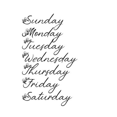 El yazısıyla aldığınız gün haftanın. Pazar, Pazartesi, Salı, Çarşamba, Perşembe, Cuma, Cumartesi. Modern hat.