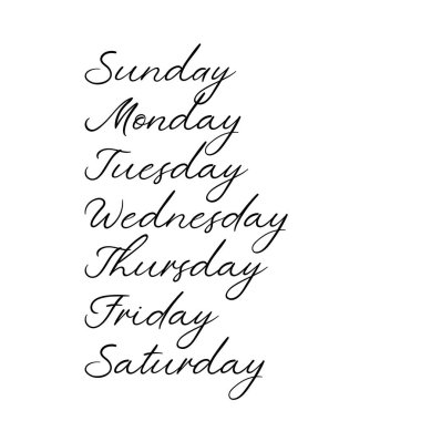 El yazısıyla aldığınız gün haftanın. Pazar, Pazartesi, Salı, Çarşamba, Perşembe, Cuma, Cumartesi. Modern hat.