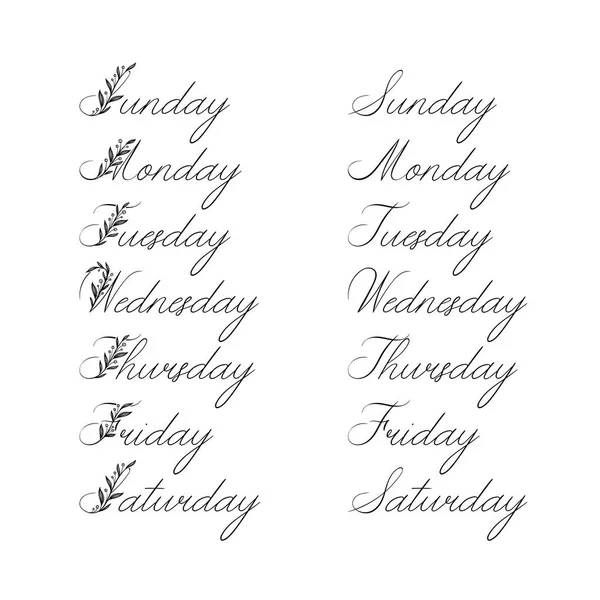 Handgeschreven dagen van de Week. Zondag, maandag, dinsdag, woensdag, donderdag, vrijdag, zaterdag. Moderne kalligrafie. — Stockvector