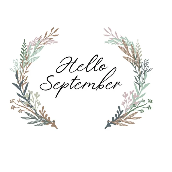 Γεια Σεπτεμβρίου χειρόγραφο κείμενο. Ευχετήρια κάρτα, αφίσα, καρτ ποστάλ πρότυπο banner με φύλλα του φθινοπώρου — Διανυσματικό Αρχείο