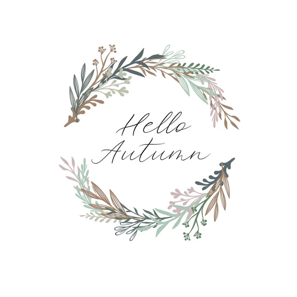 Hola Autumn texto escrito a mano. Tarjeta de felicitación de otoño, postal, póster, plantilla de pancarta con hojas de otoño. Vector — Vector de stock