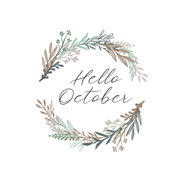 Hallo oktober handgeschreven tekst. Herfst greeting card, briefkaart, poster, sjabloon voor spandoek met herfstbladeren. Vector — Stockvector