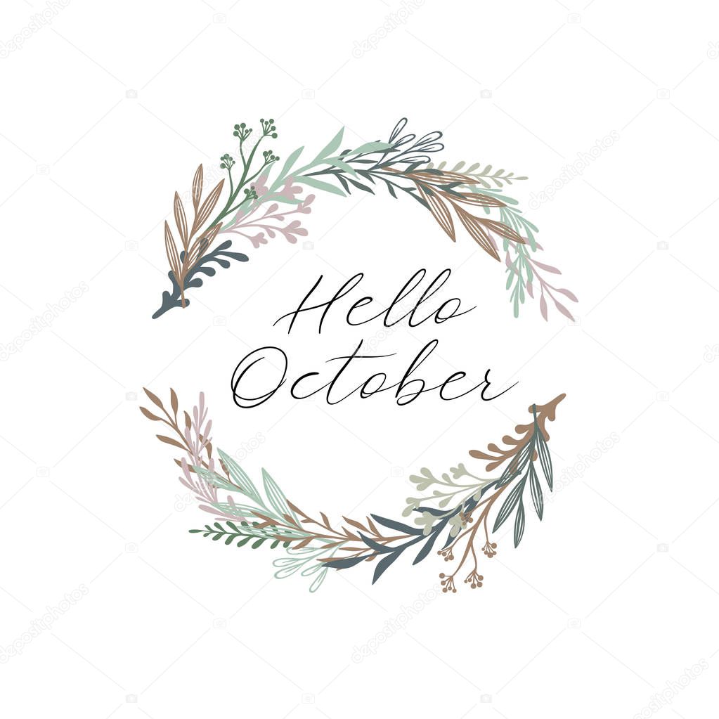 Hello October handwritten text. Autumn greeting card, postcard, poster, banner template with autumn leaves. Vector