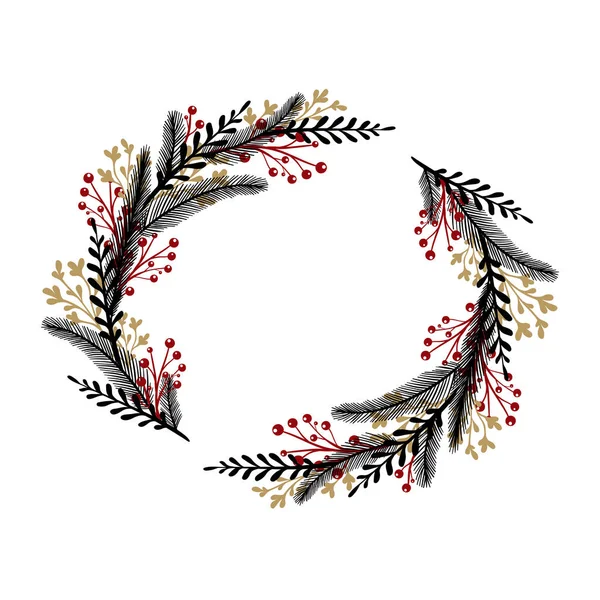 Couronne dessinée à la main avec des baies rouges. Cadre rond pour cartes de Noël et design d'hiver. Isolé sur fond blanc . — Image vectorielle