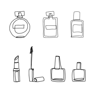 Devamlı kozmetik ürünleri. Bir çizgi. Lipstik beyaz. Minimalist stil. Sürekli vektör çizgisi