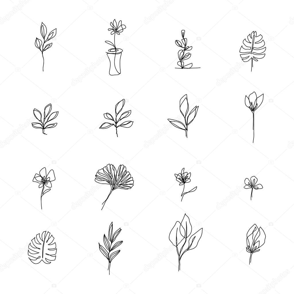 Abstract flowers one line drawing. Beauty flowers isolated on white. Minimalistic style. Continuous line