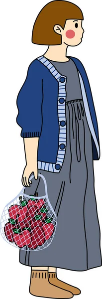 Düz karalama karakteri tasarımı temsilcisi pembe japon elbisesi giymiş şirin bir kızın çizimi elma torbasını tut