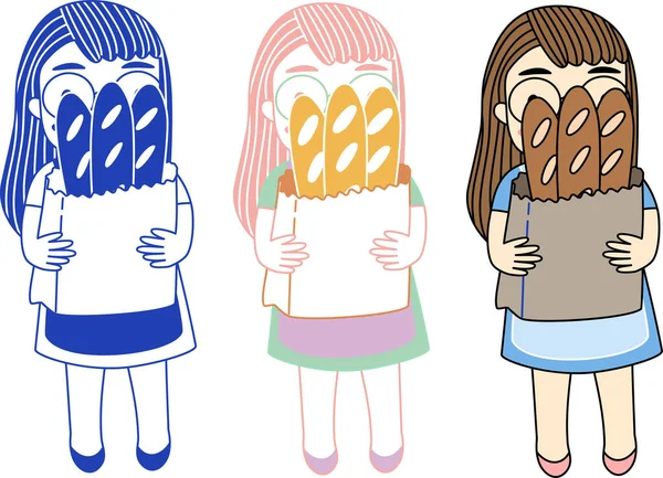 Düz karalama karakteri tasarımı temsilcisi. Fırıncı kız setinin çizimi. Ekmeğini elinde tutuyor.