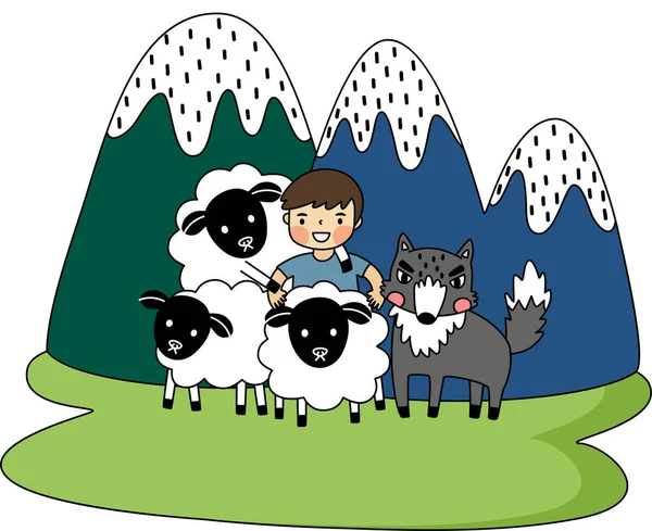 Düz karalama karakter tasarımı taşıyıcısı çoban çocuk ve kurdun doğal alandaki ve dağdaki çizimleri.