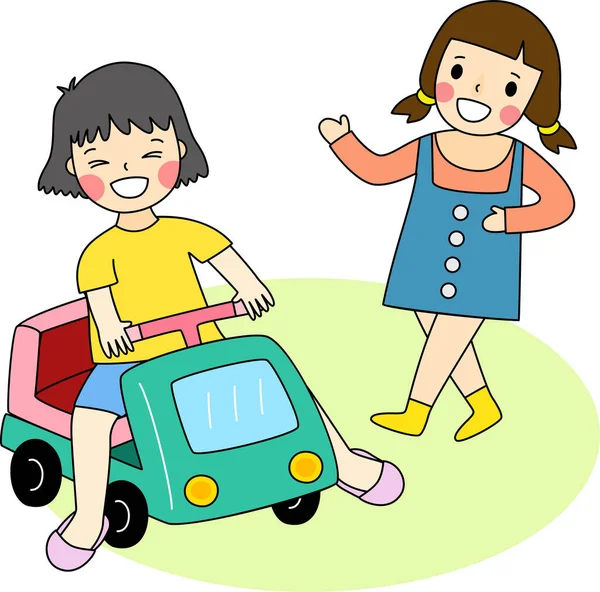 İki küçük kızın birlikte oynadığı düz karalama karakteri çiziminin taşıyıcısı..