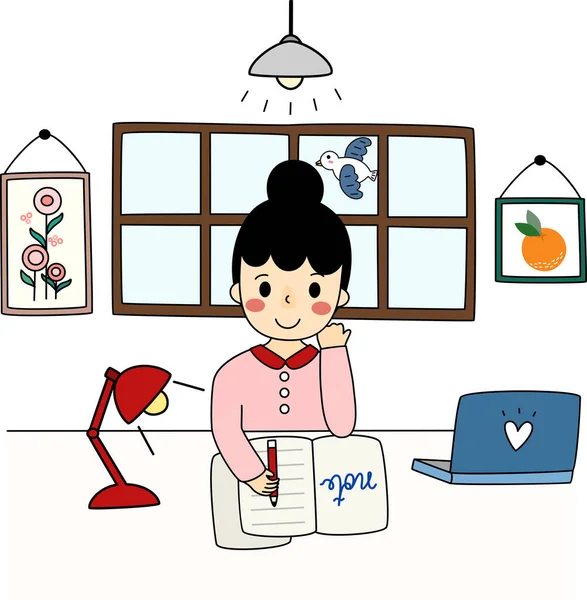 Covid-19 Coronavirus hastalığı sırasında evinde çalışan kızın düz karalama karakteri tasarımı illüstrasyonunun taşıyıcısı