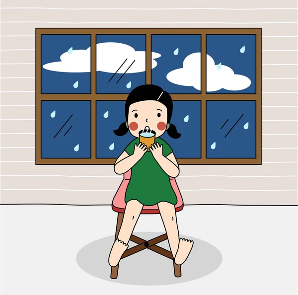 女の子は緑のドレスを着て 暖かいために熱いお茶を飲み 暗い青空と雨の日に家に住んでいます — ストックベクタ