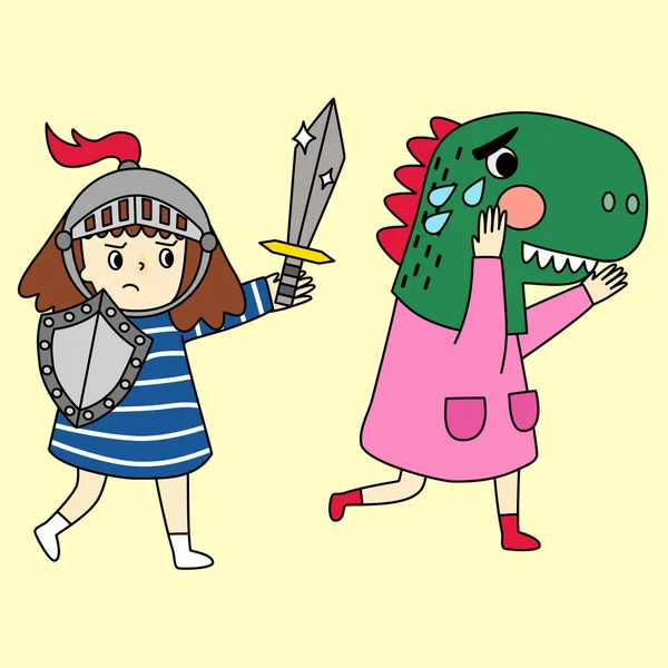 Düz dizayn karakterinin vektörü. Ejderha kafalı oyuncak kızla oynayan şövalye rolü. İki arkadaş resimde birlikte oynuyorlar. Gülüp ağlıyorlar.