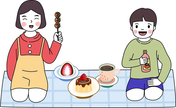 Desenhos Animados Menino Menina Desfrutar Com Sobremesa Doce Chá Irmão —  Vetores de Stock