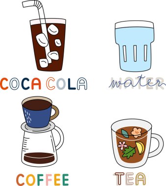 Değişik tat ve lezzetlerde çeşitli bardaklarda çeşitli içecek çeşitleri içeren bir çizgi film. Basit el çizimi vektörü ve minimal simgeler düz biçim çizimi.