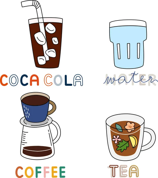 Değişik tat ve lezzetlerde çeşitli bardaklarda çeşitli içecek çeşitleri içeren bir çizgi film. Basit el çizimi vektörü ve minimal simgeler düz biçim çizimi.