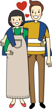 Kadın ve erkeğin çizgi filmi anne ve baba olmaya gidiyor. Basit el çizimi vektörü ve minimal simgeler düz biçim çizimi.