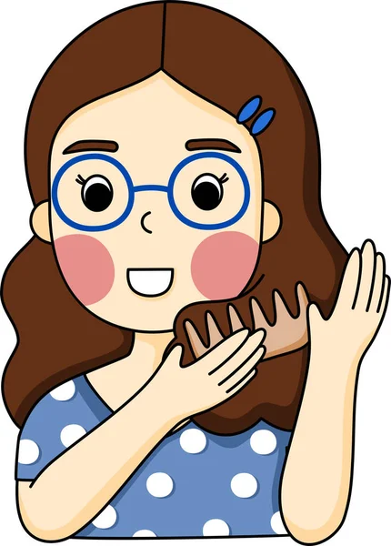 Mavi gözlüklü kadının çizgi filmi tarakla saç stilini ayarlıyor. Basit el çizimi vektörü ve minimal simgeler düz biçim çizimi.