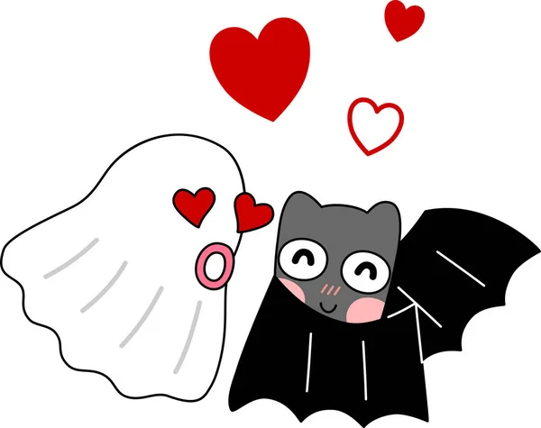 Karikatura Roztomilého Malého Ducha Netopýra Jsou Zamilovaní Noci Halloweenu Jednoduché — Stockový vektor