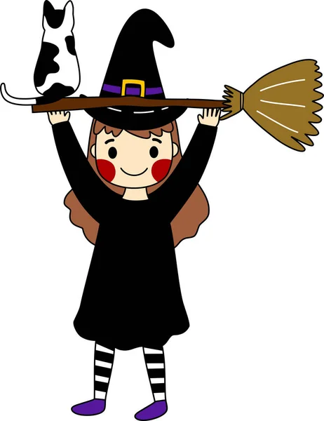 Küçük kara cadının çizgi filmi çiçeğini ve kedisini başının üstünde tutuyor. Basit bir el çizimi çizimi vektörü ve minimal simgeler düz stil karakter çizimi.