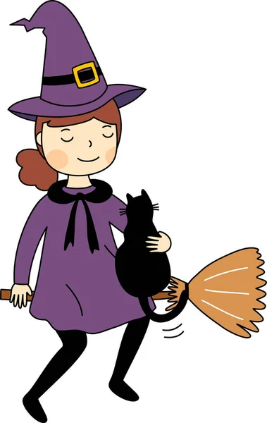 小紫色女巫卡通片抓住她的黑猫 骑在花朵上 简单可爱的手绘直线矢量和最小图标扁平风格的字符插图 — 图库矢量图片