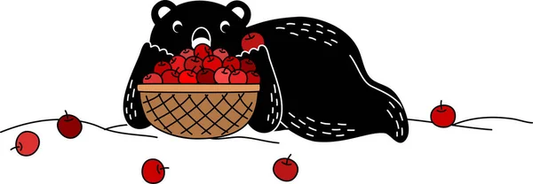 누워서 바구니에 사과를 들인다 간단하고 귀여운 손그리기 벡터와 최소한의 아이콘 — 스톡 벡터