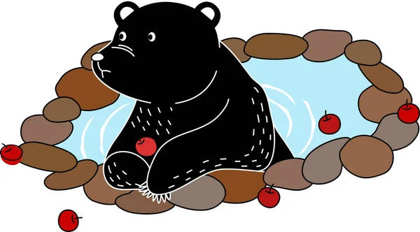 Καρτούν Της Μαύρης Αρκούδας Κείτεται Στη Λίμνη Και Τρώει Μήλο — Διανυσματικό Αρχείο
