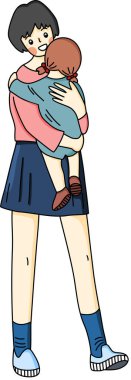 Anne çizgi filmi, uyuduğu için bebeğini kucağına alır ve kızını kollarına alır. Basit bir el çizimi çizimi vektörü ve minimal simgeler düz stil karakter çizimi.