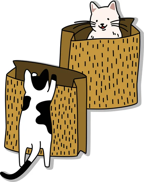 Kreskówka Dwóch Kotów Bawi Się Papierową Torbą Proste Cute Strony — Wektor stockowy